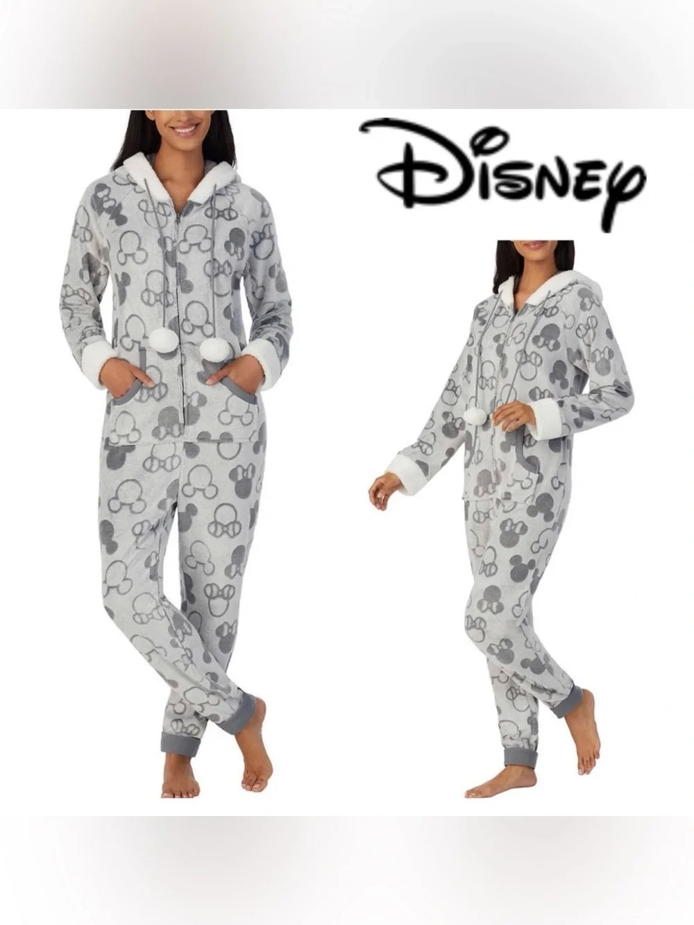 NWT Disney Gray Mickey and Minnie Mouse Fleece Hooded Pajama Onesie size S - Picture 1 of 7